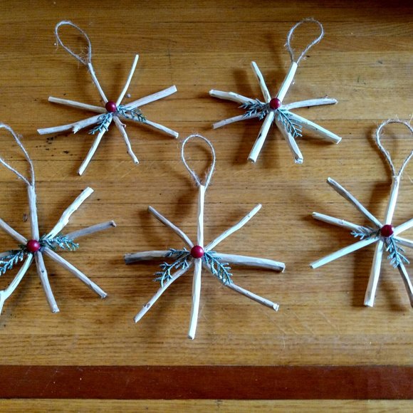 10 Real Wood Sticks Twigs Rustic Hanging Christmas Tree Ornaments Starburst - Picture 2 of 10